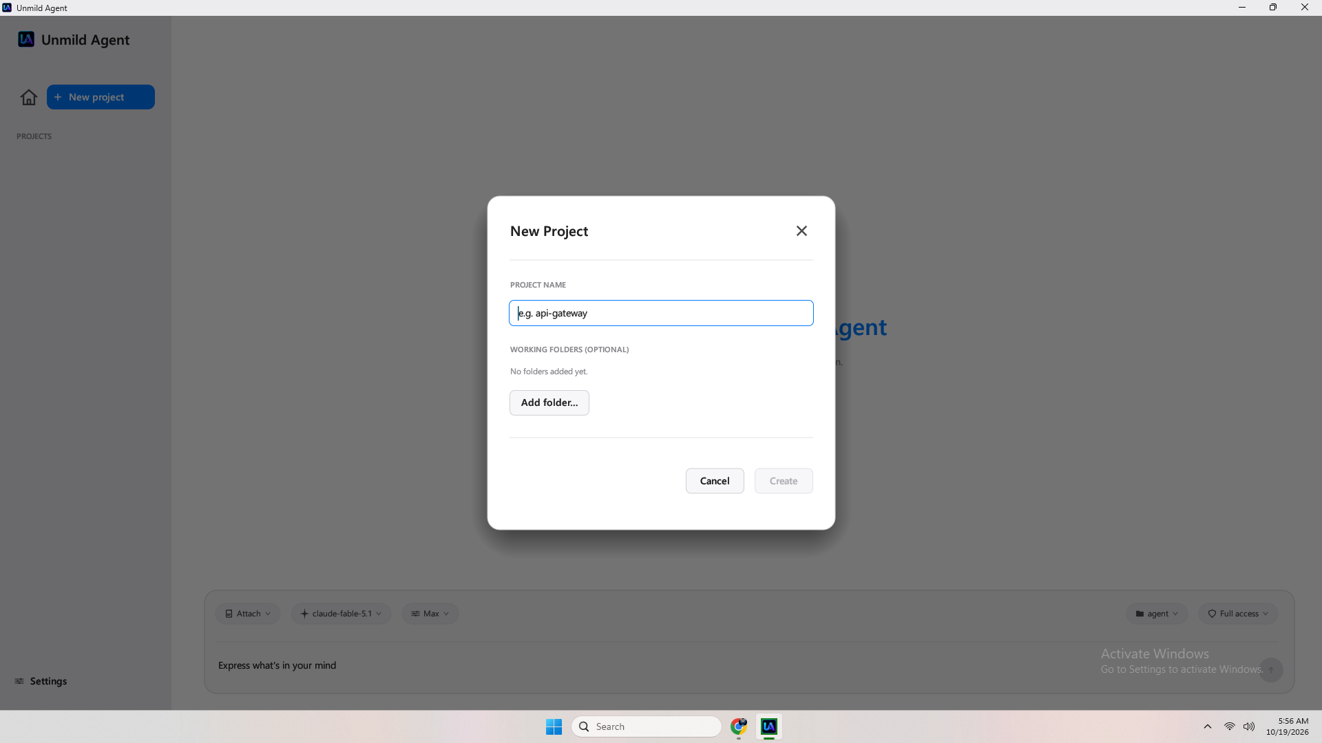 New project dialog